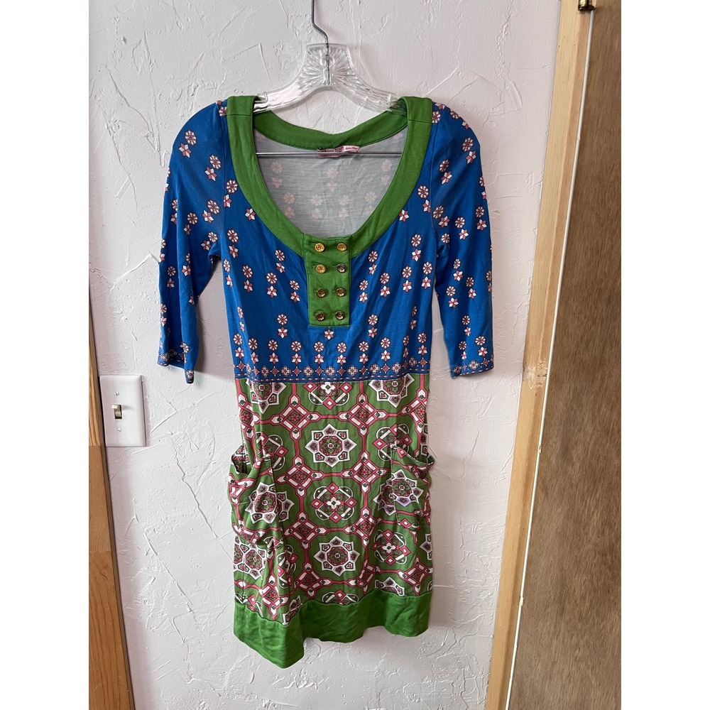 Vintage Y2K Juicy Couture Silk Floral Patchwork Dress Button Neck Pockets Size S